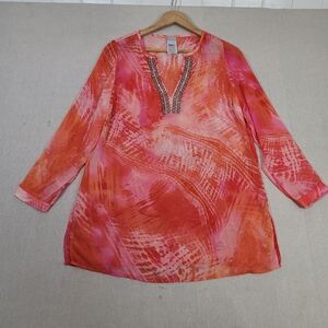 Chicos 1 Womens Size Medium Pink Beaded Tie Dye Tunic Lightweight Sheer Boho